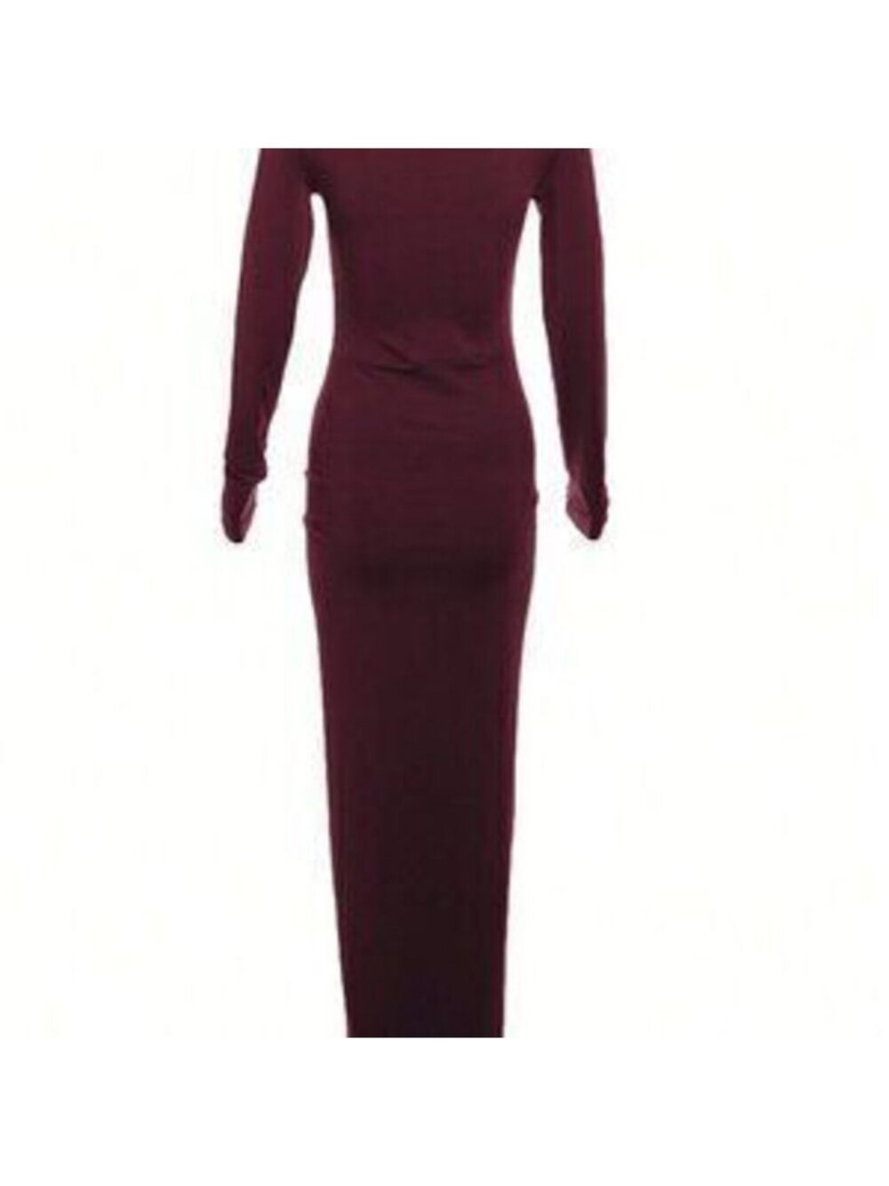 Burgundy Elegant Women's Fitted Crew Neck Long Sleeve Ruffle Hem Dress - Picture 2 of 4